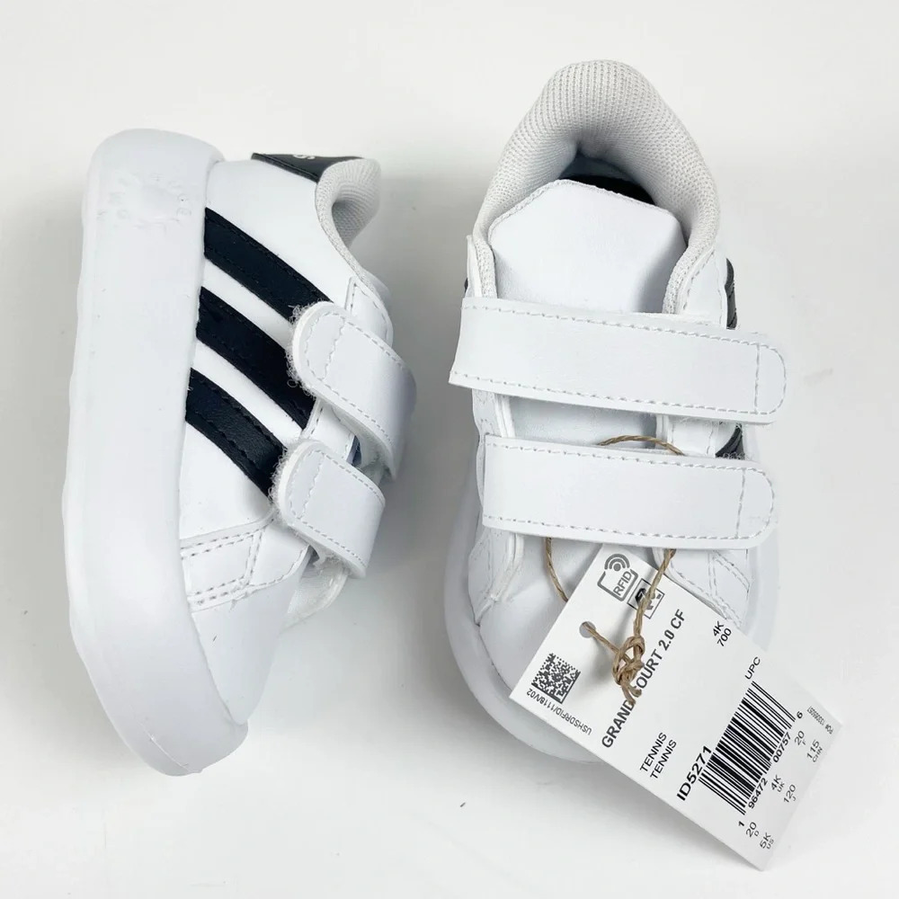 NEW Adidas Grand Court 2.0 Sneakers Baby Toddler 5K Black White 3 Stripe